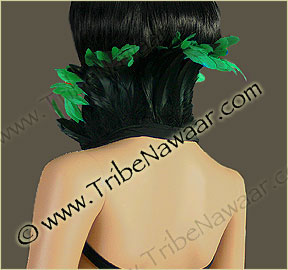 Tribe Nawaar's emerald queen theatrical feather collar, back, closed