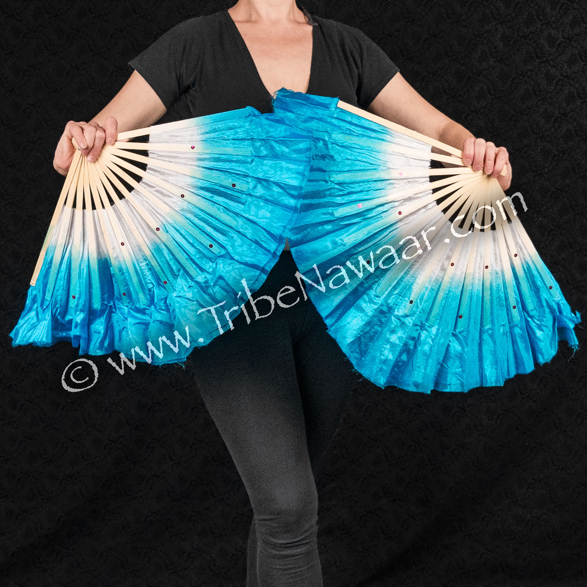 belly dance Fan Veils colorful 100% silk fan Veil 3 colors  White/Turquoise/Blue