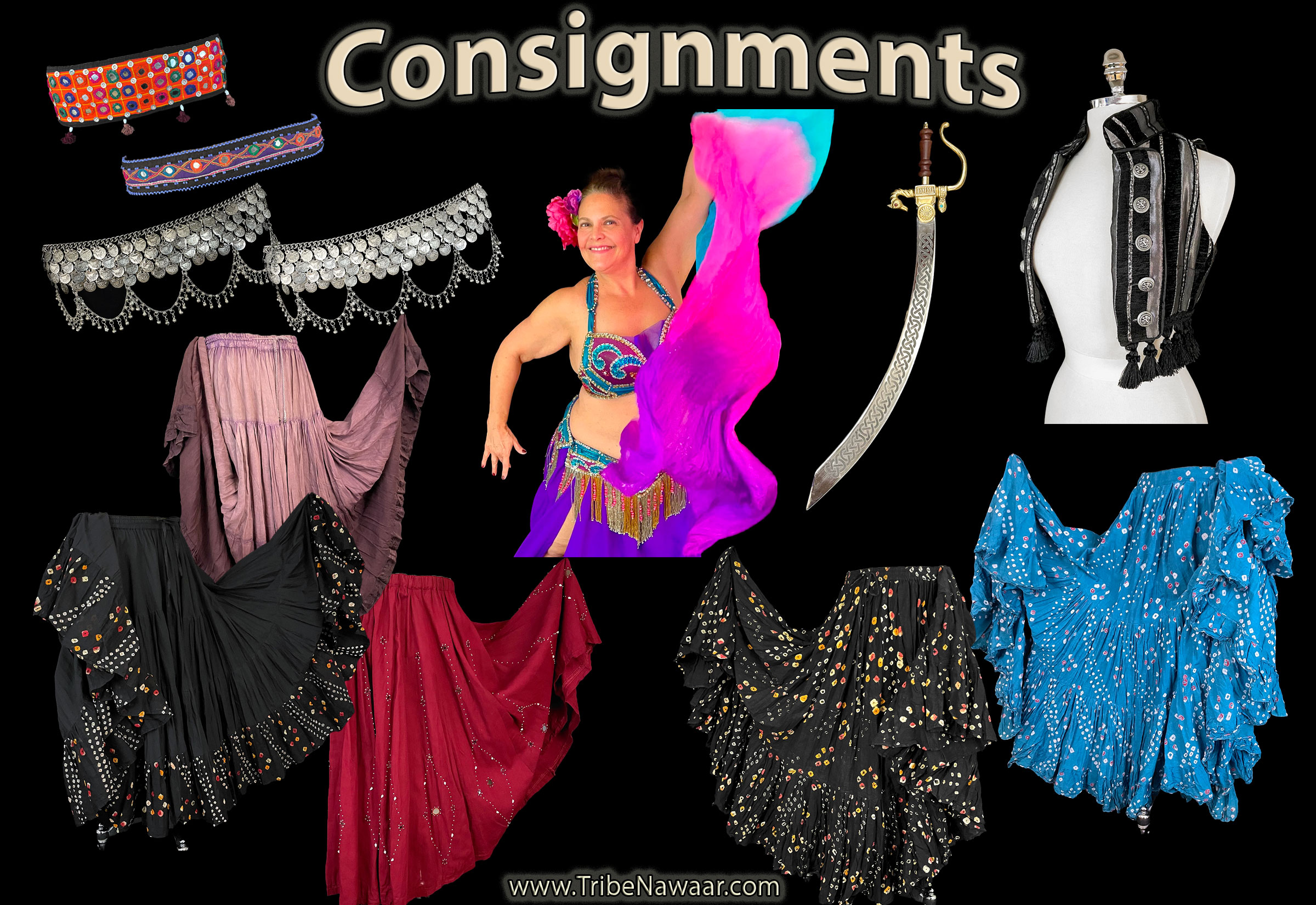 Belly dance consignment costumes & accessories for early March 2025 available from the Nawaar Marketplace at www.TribeNawaar.com